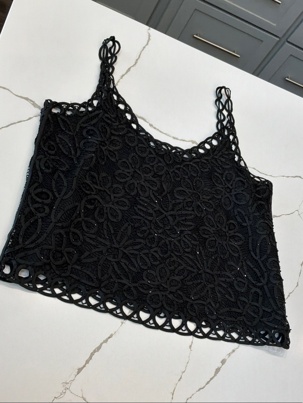 Carole Little 8 Black Crochet Shell Tank Top Embroidered Beaded Lined Lace